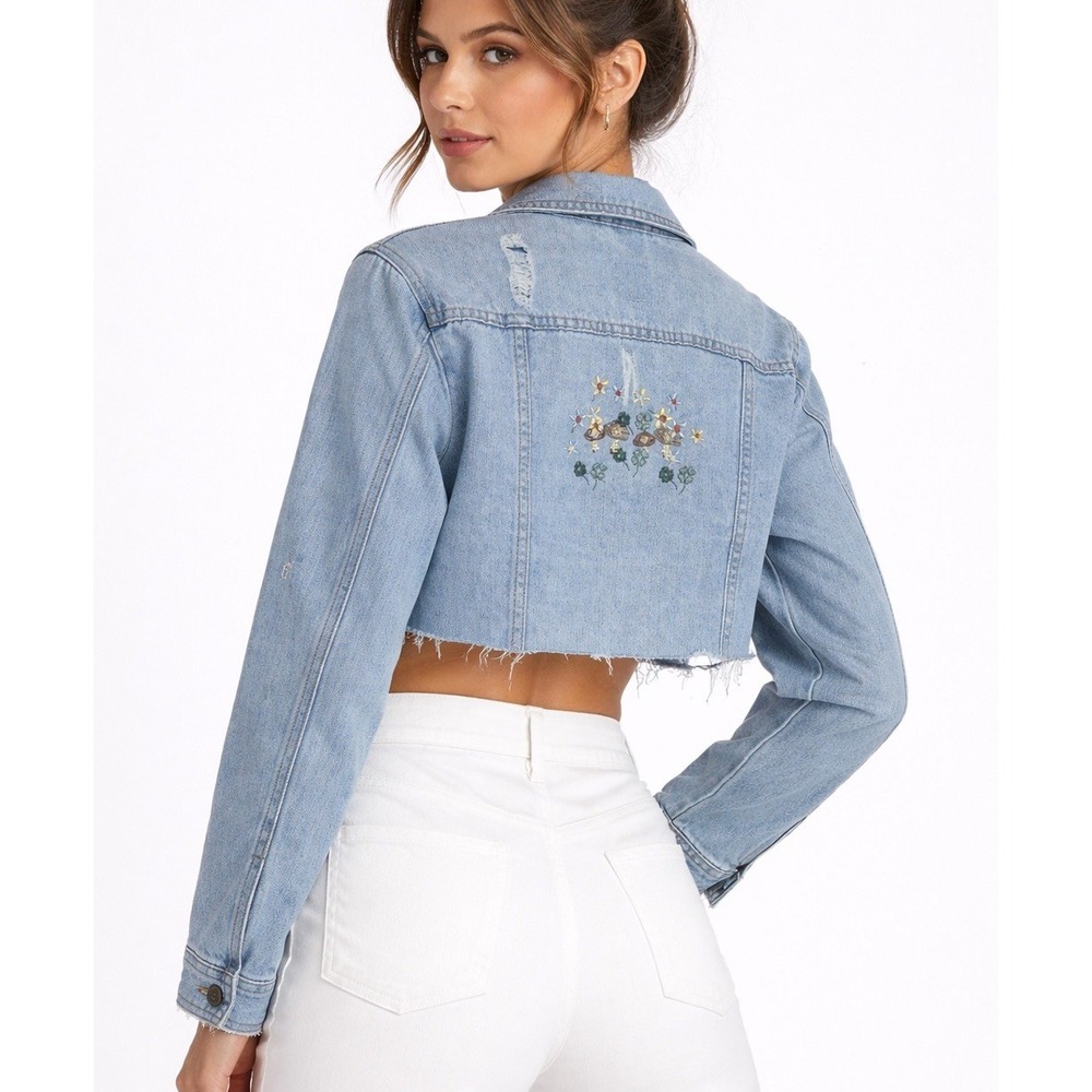 Light Blue Cropped Embroidered Denim Jacket - Women